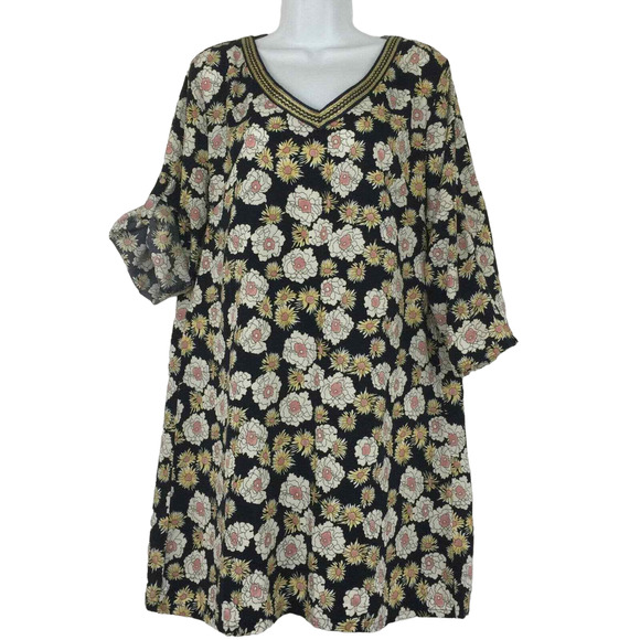 Moda H White Yellow Flowers On Black 3/4 Sleeve Back Zip V-Neck Shift Dress Sz M - Picture 1 of 11
